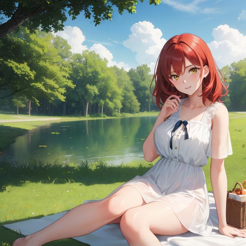 00166-2299588986-1Girl, mature, American, redhead, medium hair, yellow eyes, sitting on a picnic blanket near a lake, elegant summer dress, happy.png